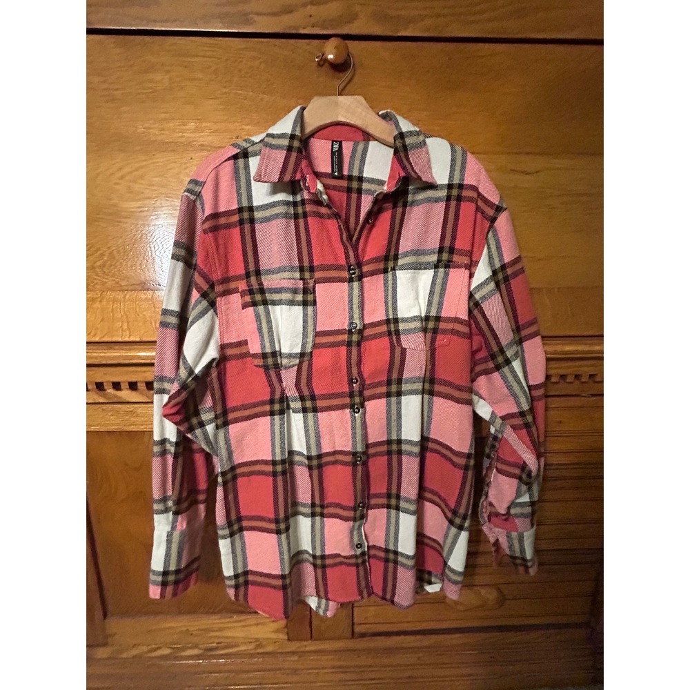 Zara Indie Sleaze 90s Grunge Pink Plaid Flannel Button Down Shirt Long Sleeve